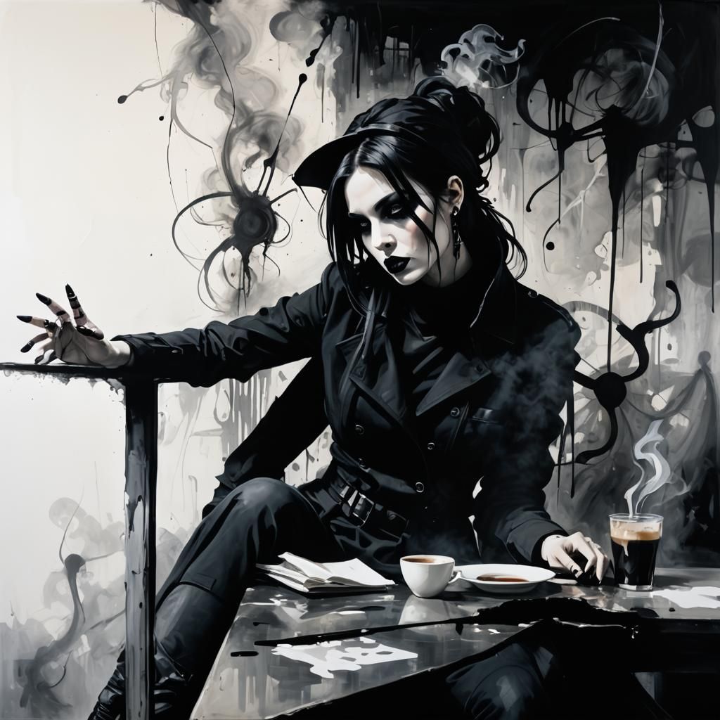 Ethereal Goth Siren Dominates Smoky Coffee Shop Canvas