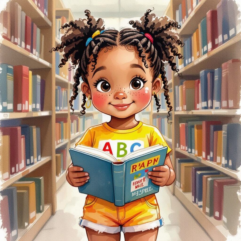 Girl with Braids at Library in Watercolor Style