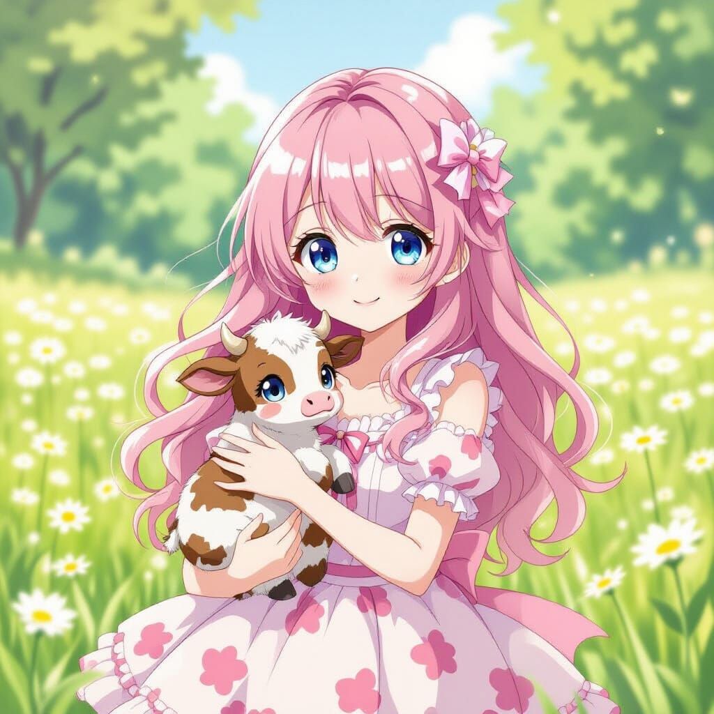 Anime Girl Holding Cute Baby Cow in Pastel Meadow