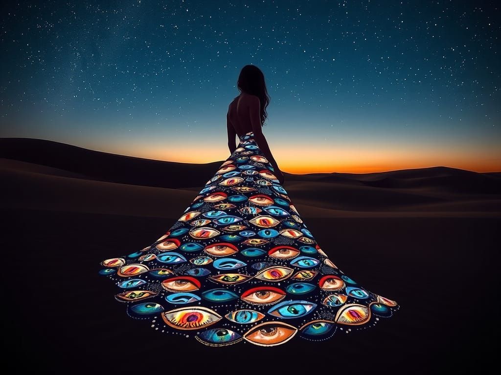 Shimmering Evening Gown of Iridescent Eyes Reflecting City S...