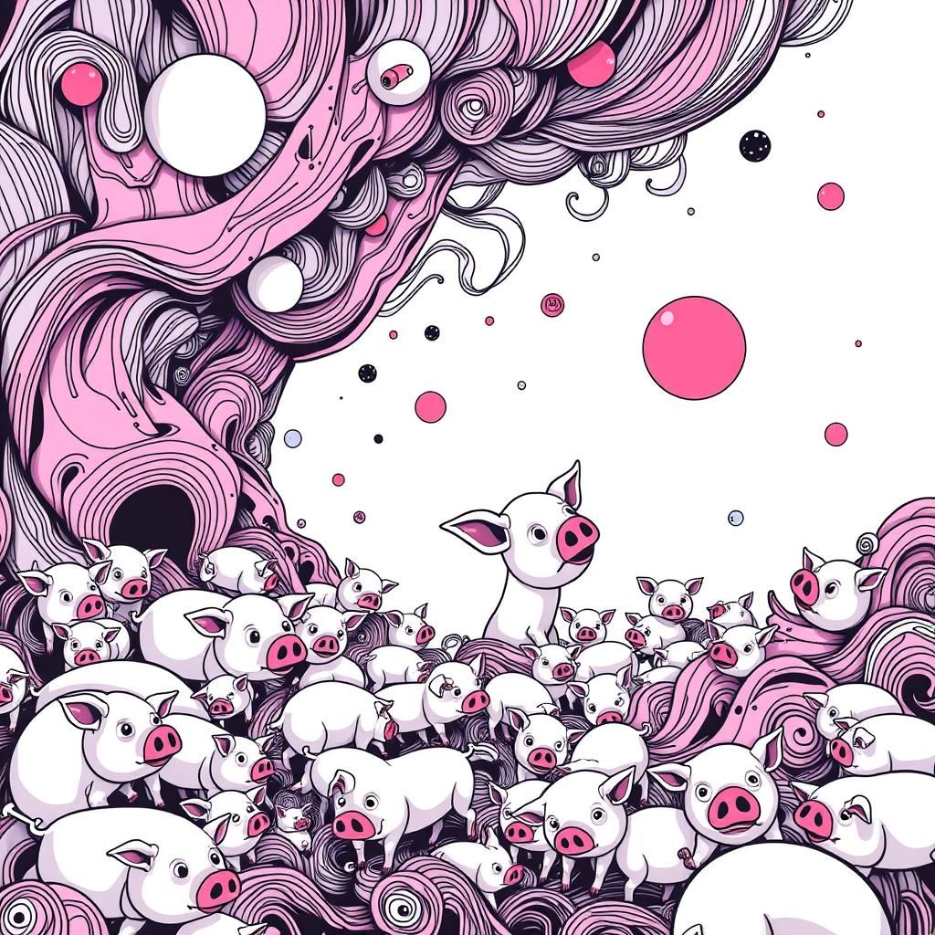 Surreal Pigsty: Twisted Realities in Whimsical Line Art