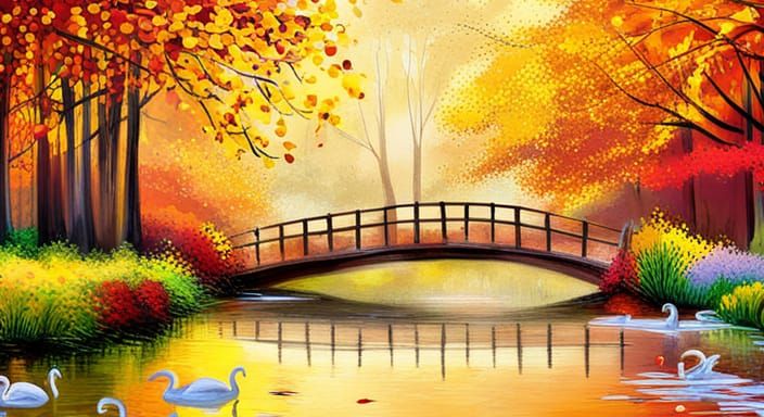 Enchanted Autumn Forest with Pond in Classical Style