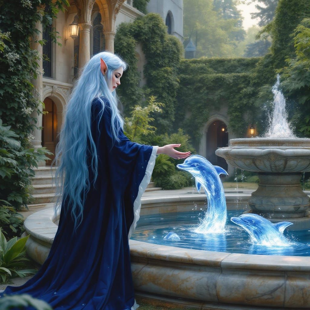 Elven Enchanteress Shaping Water Dolphins in Castle Garden