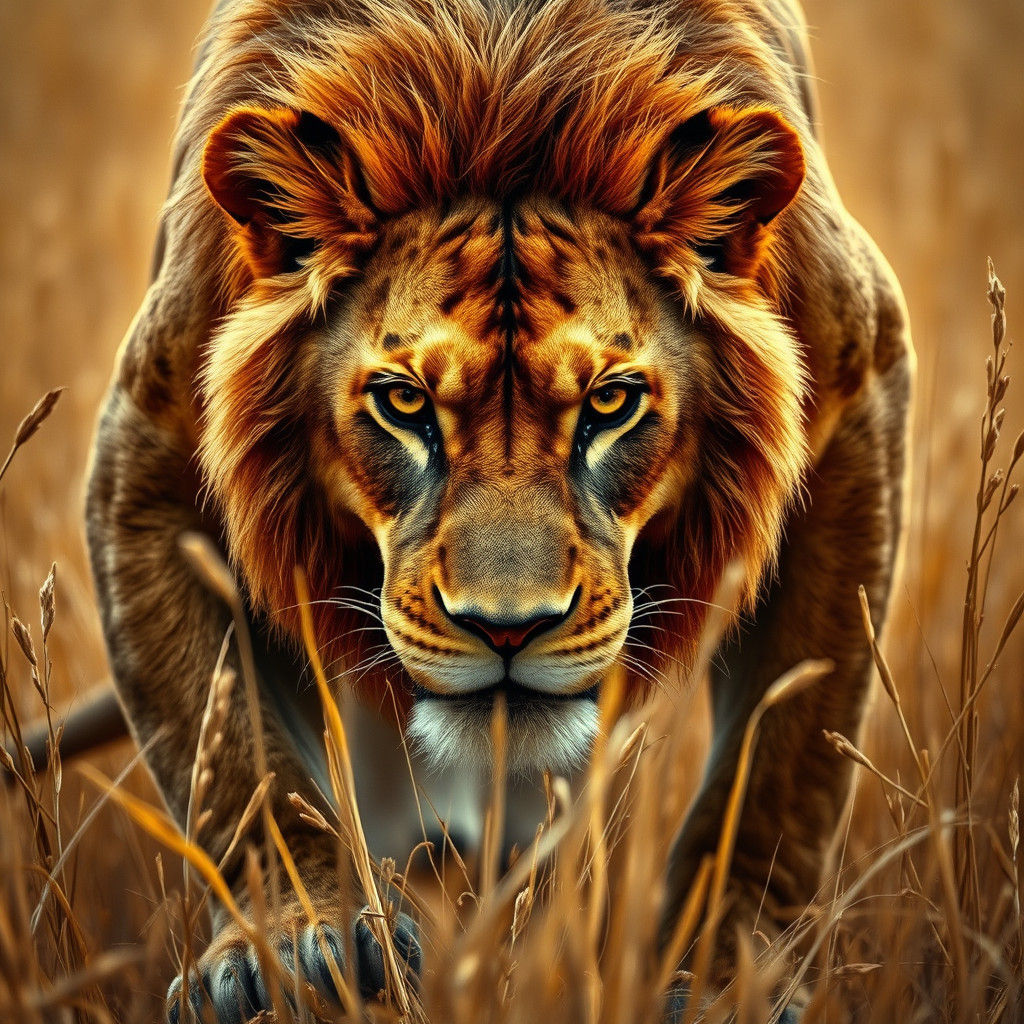 Lion Ready to Pounce in Atmospheric Digital Art