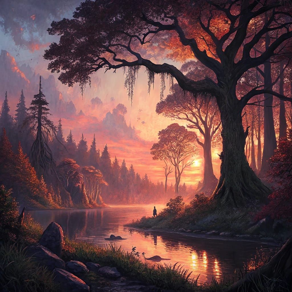 Mystical Sunset in Ancient Forest