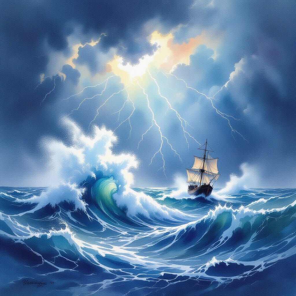 Dramatic Storm at Sea in Expressive Watercolor Style