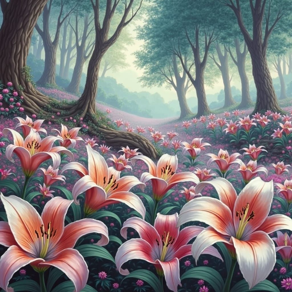Luminous Forest of Lilies in Kinkade Style