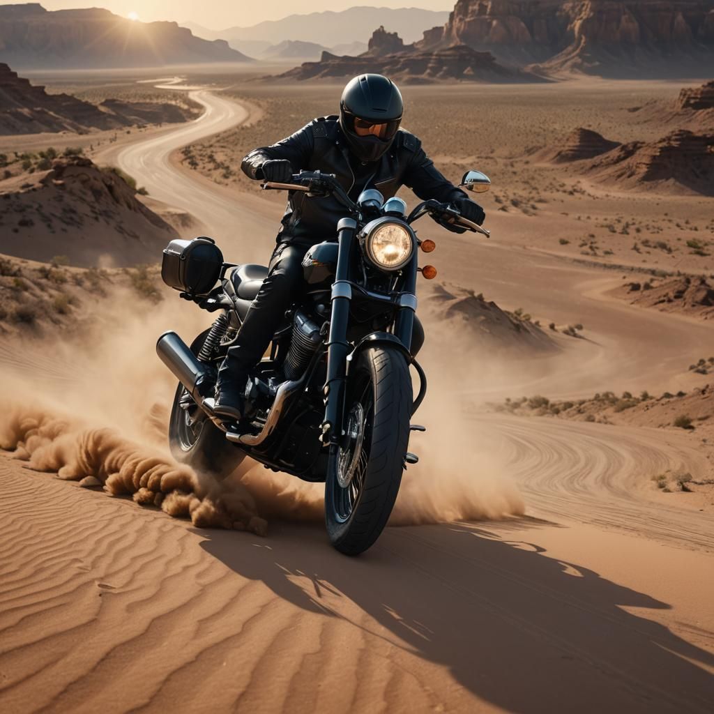 Biker at Desert Crossroads in Photorealistic Digital Art