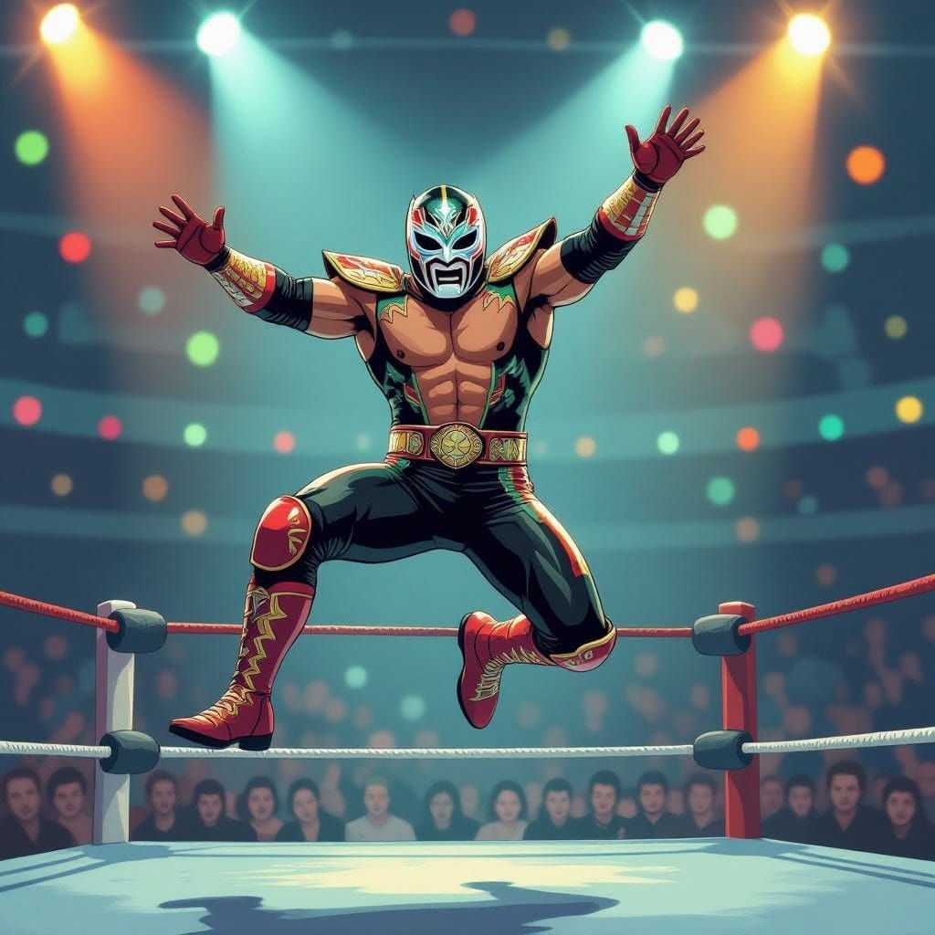 Masked Luchador Leaping from the Ropes in Comic Art Style
