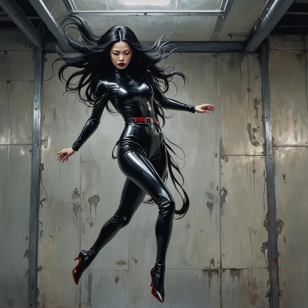 Elegant Japanese Woman Levitating in Metal Latex Suit
