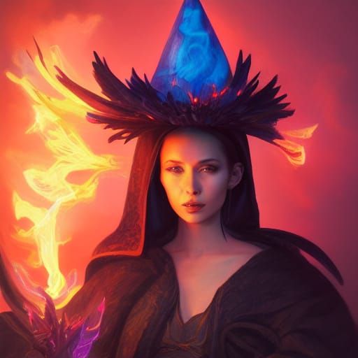 Dark Magician Woman with Flaming Witch Hat