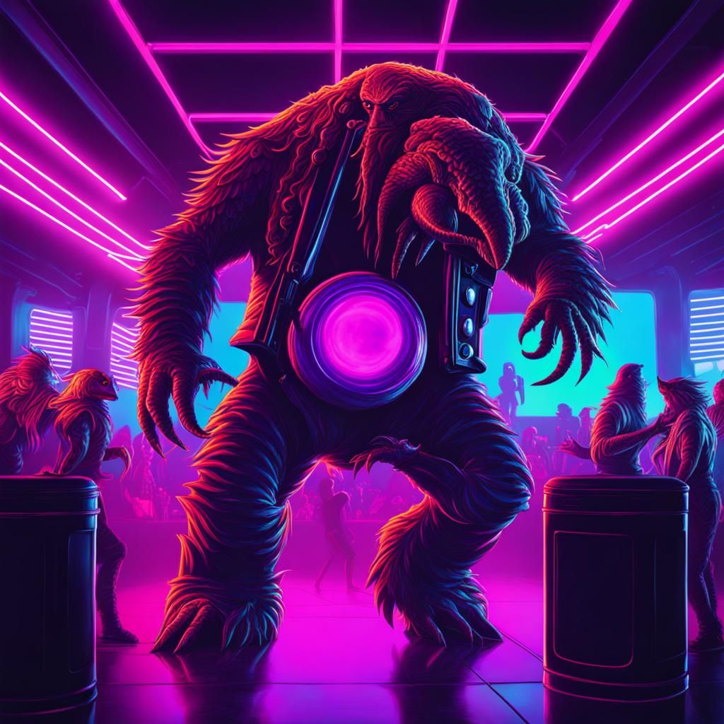 Cthulhu Dancing in a Synthwave Nightclub