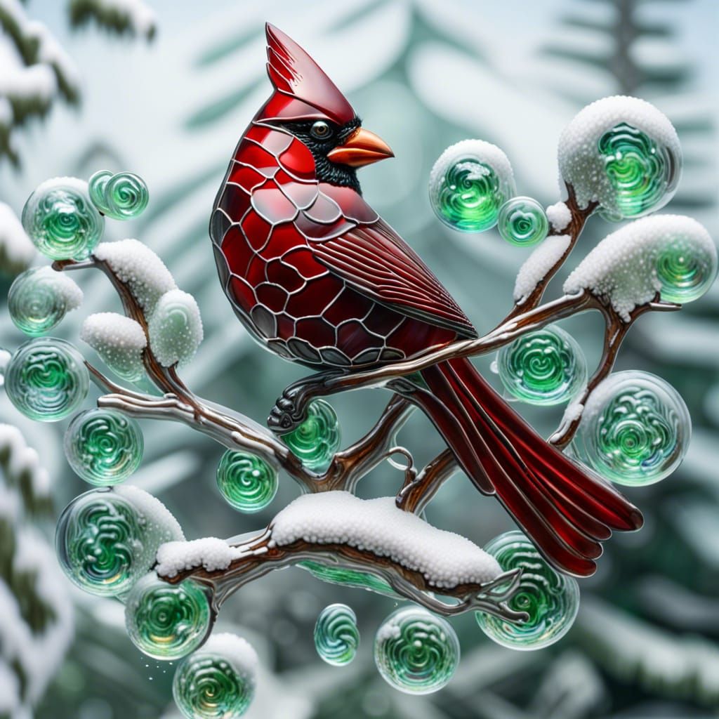 Stained Glass Cardinal in Winter Scene