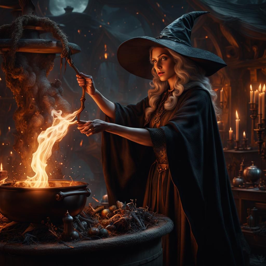 Detailed Witch Casting Spell Over Cauldron