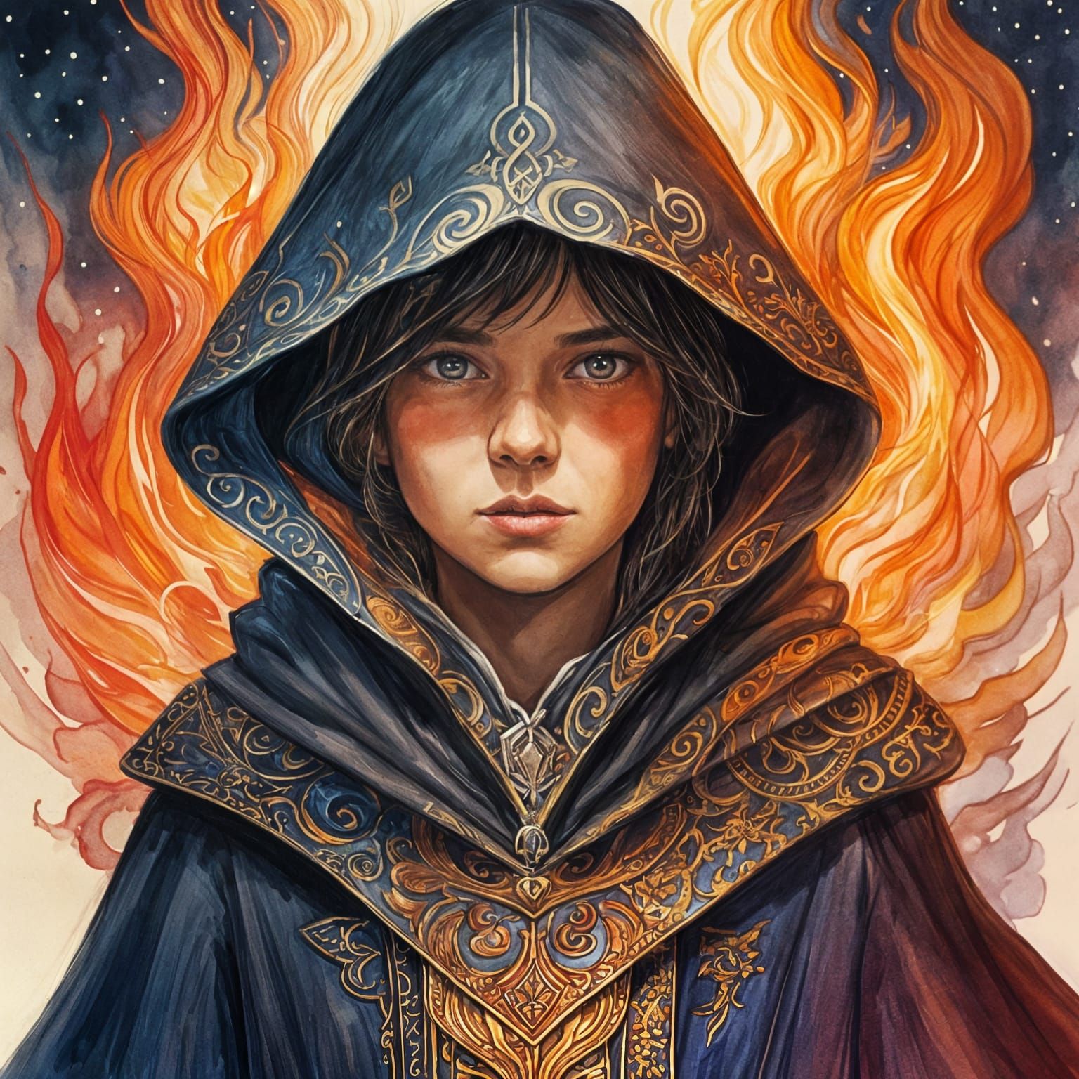 Watercolor Album Cover with Flaming Girl