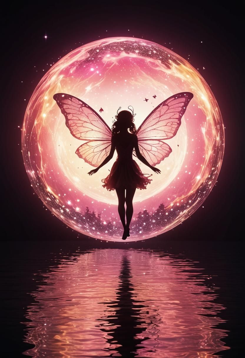 Fairy Silhouette in a Glowing Orb Over Lake