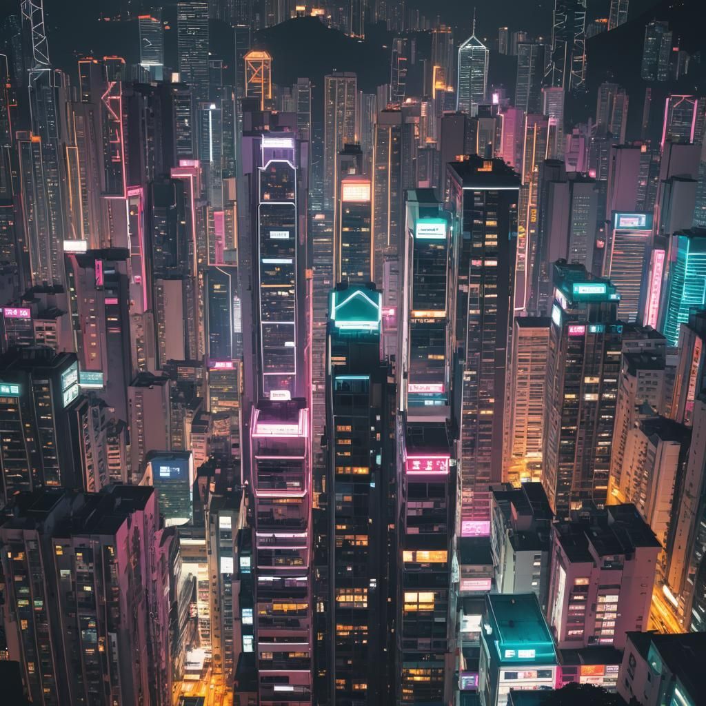Neon Retro Hong Kong Buildings at Night