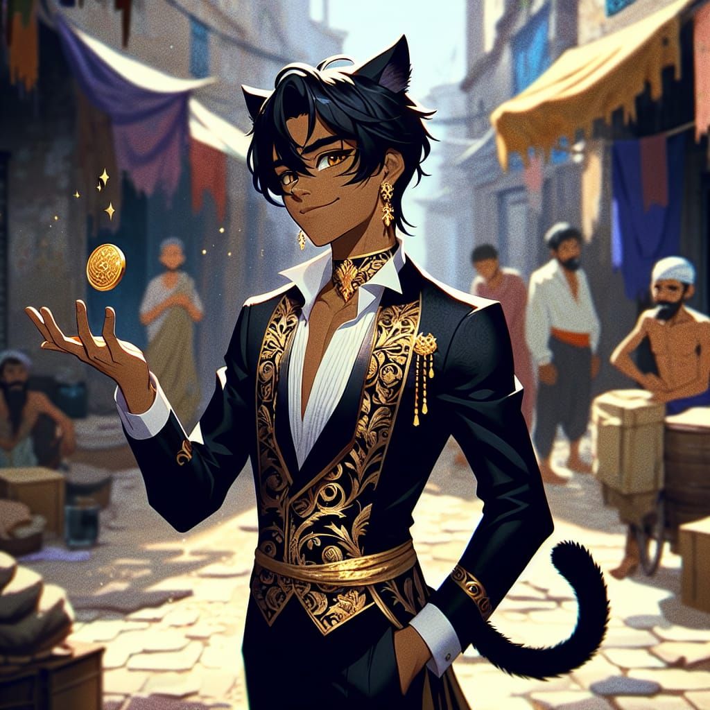 Teenage Catboy in Gold Tuxedo: Cel-Shaded Anime Style