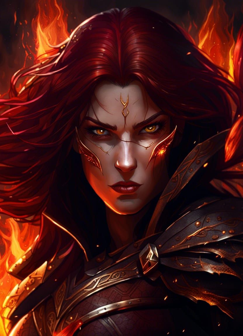 Fierce Female Cleric with Fiery Background