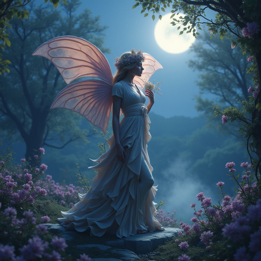 Moonlit Garden: Girl with Floral Statue in Dreamlike Art