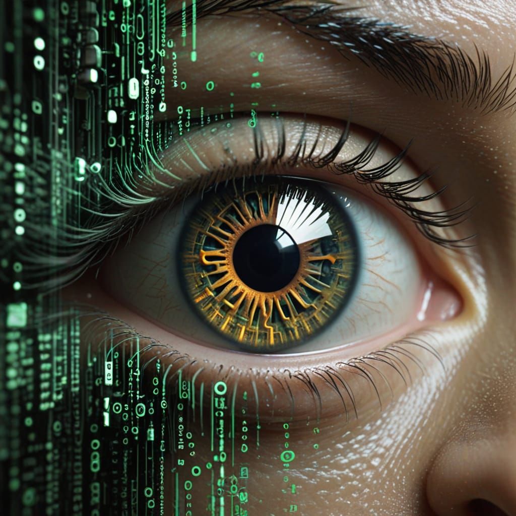 Cyborg Eye Levitates Amidst Matrix Code