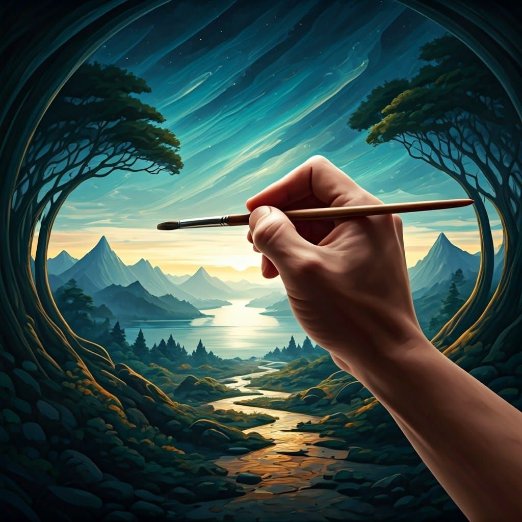 Artist's Hand Painting a Fantasy Landscape