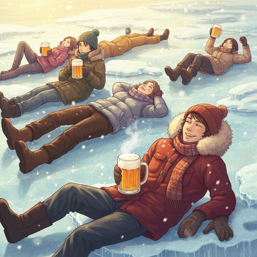 Sunbathers on Icy Beach in Whimsical Style