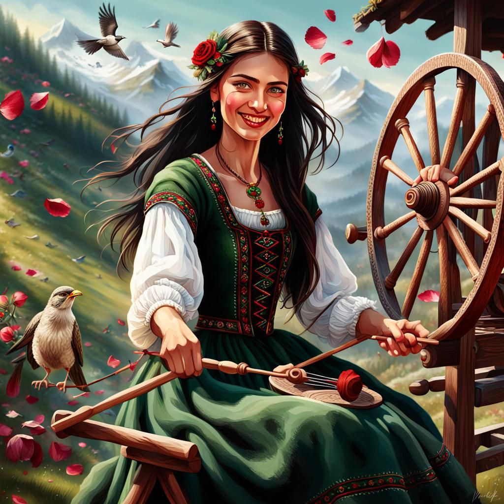 Beautiful Proto-Bulgarian Woman Spinning Wool, Digital Art