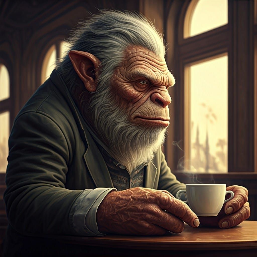 Husky-Man Hybrid Orders Espresso: Photorealistic Digital Art
