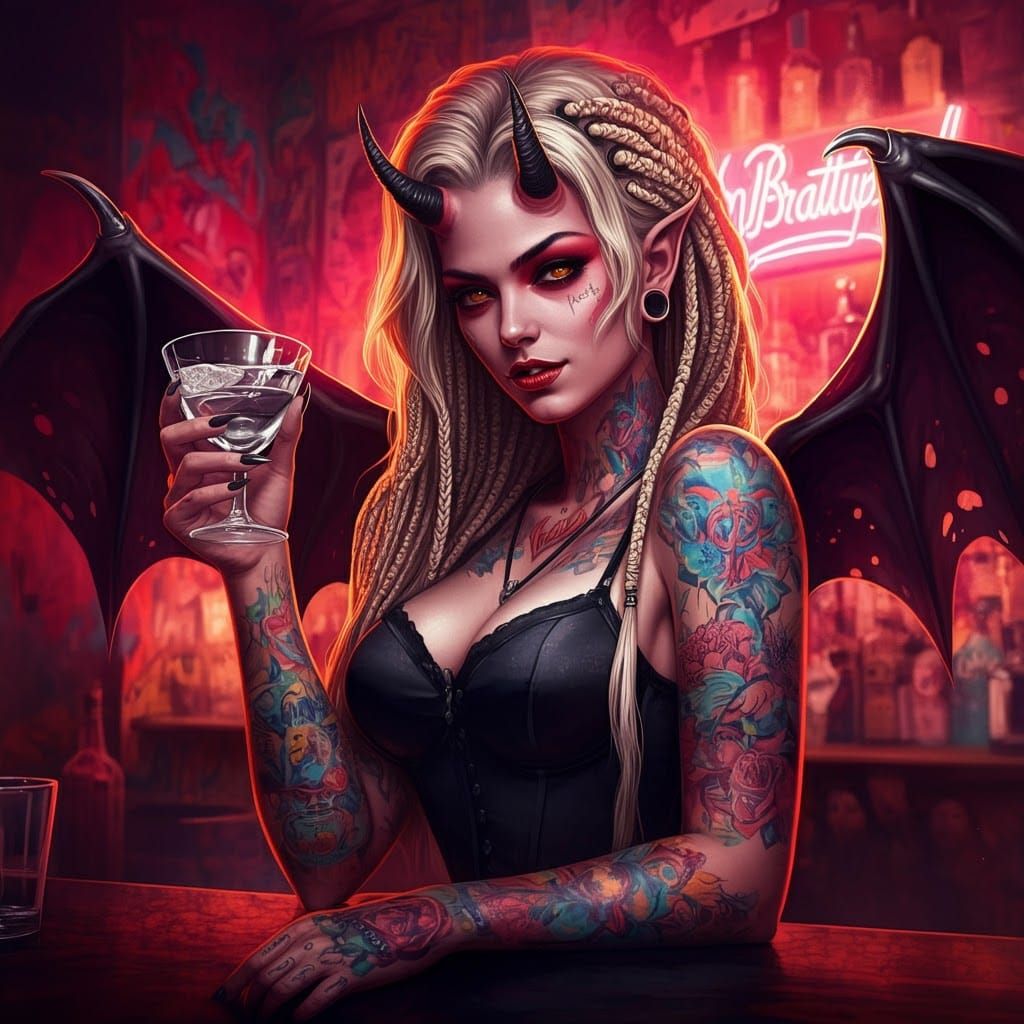 Temptress Demon with Braided Hair in Graffiti Art