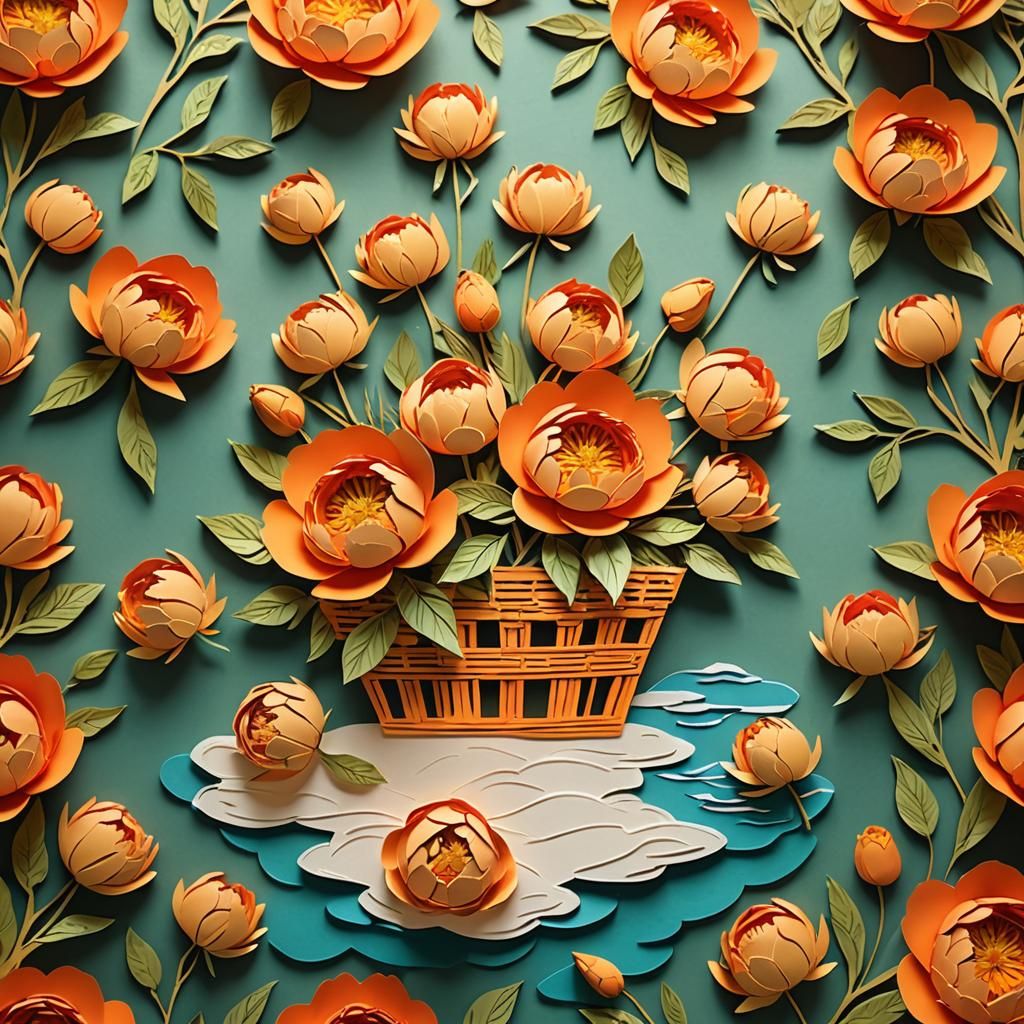 Rattan Basket with Peonies in Cut Paper Art