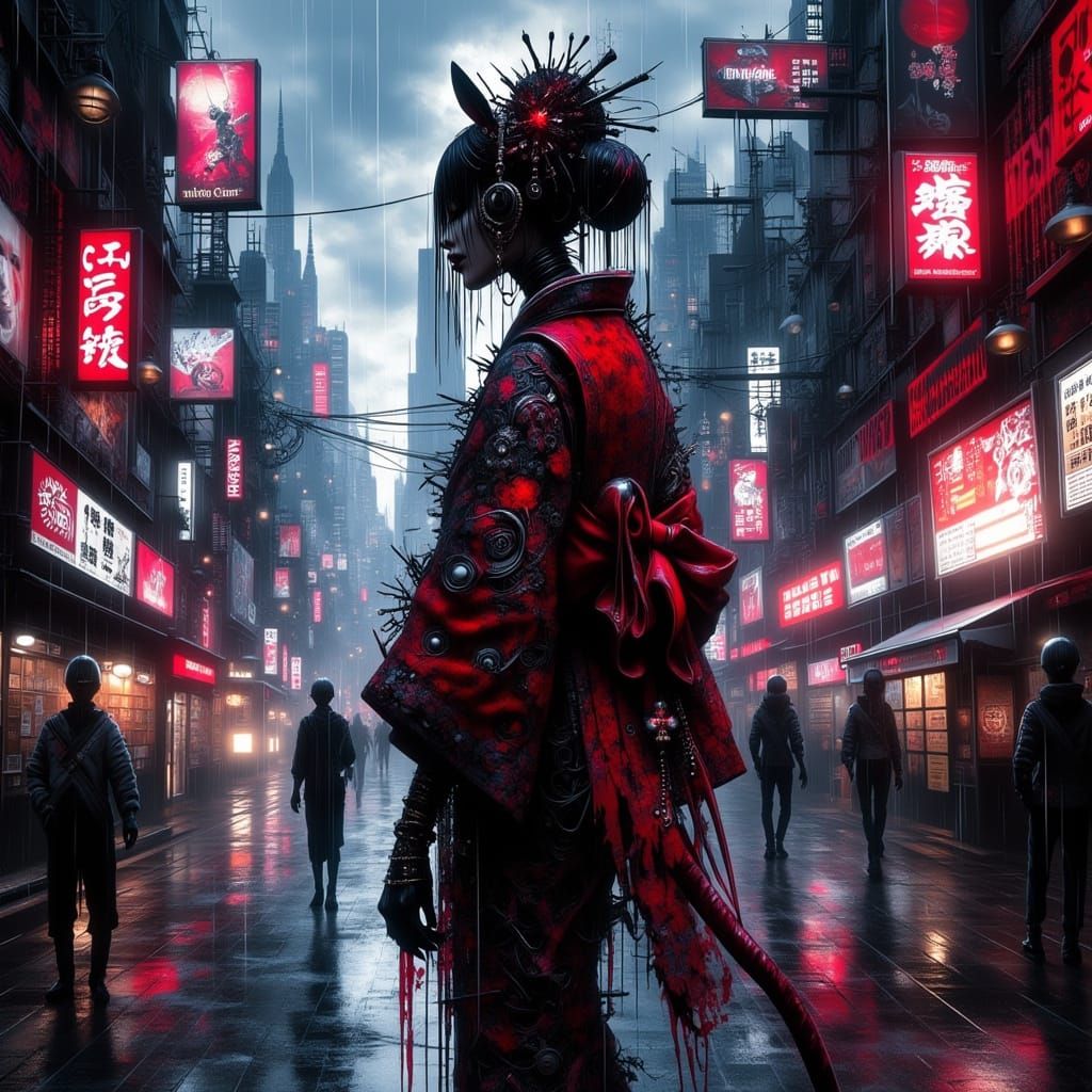 Cyberpunk Geisha in Dystopian Neon Cityscape
