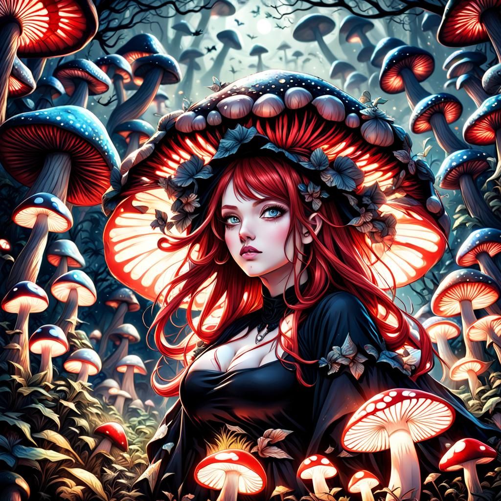 Anime Mushroom Woman in Magic Forest at Night