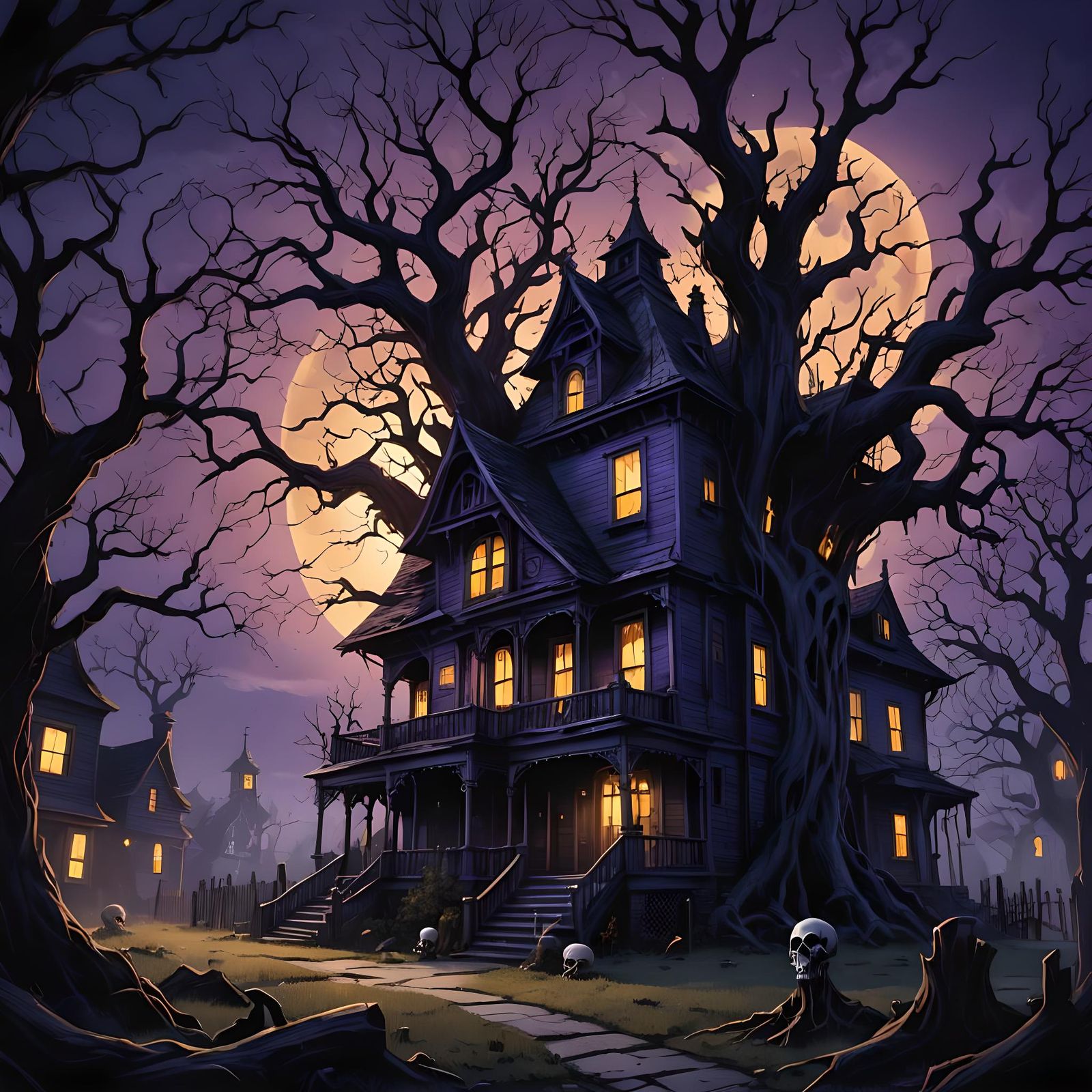 Sinister Haunted House Under Full Moon