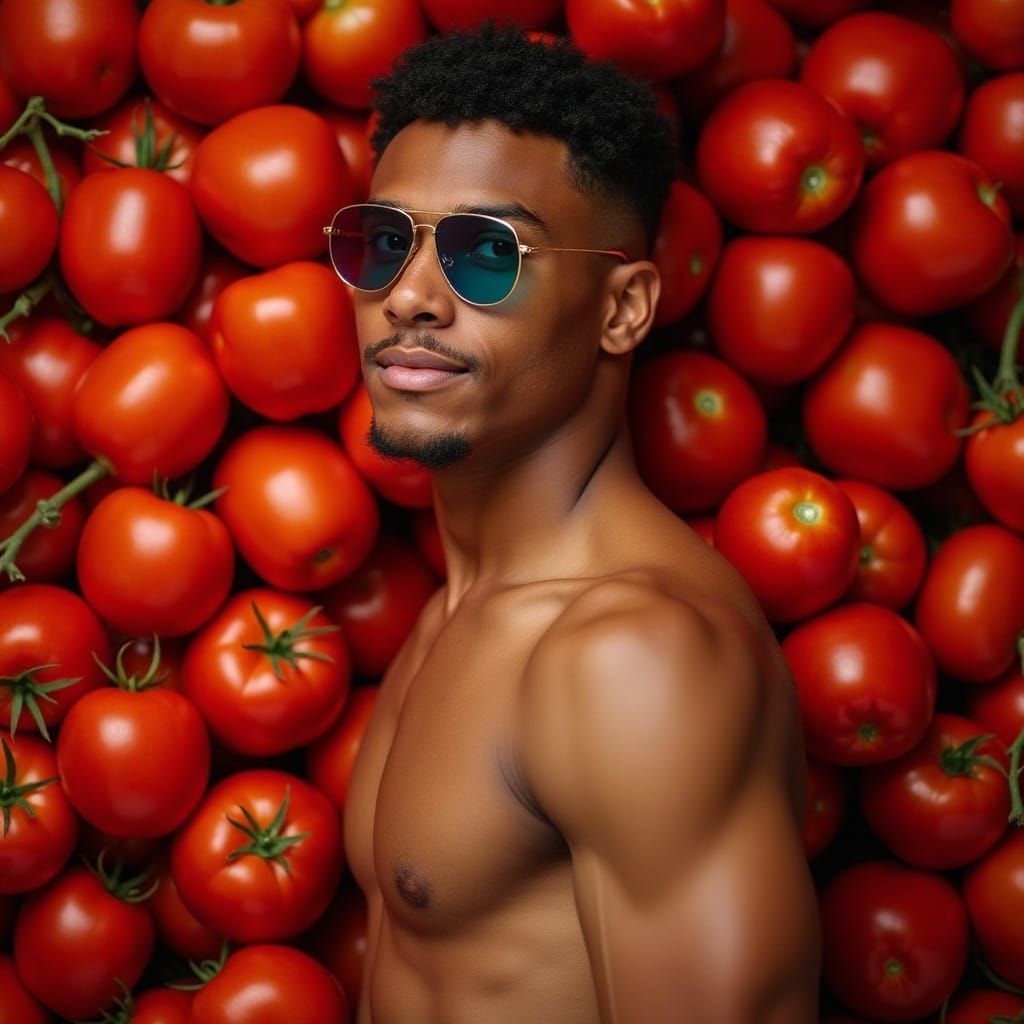 Handsome Young Man Wears Sunglasses Amidst a Sea of Red Toma...