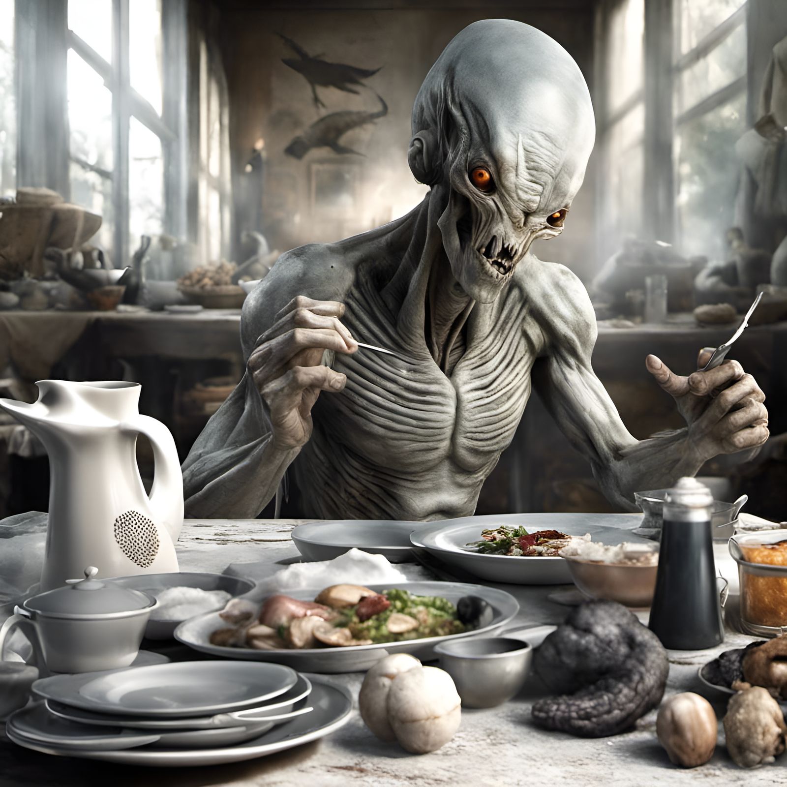 Photorealistic Man at Table, Fantastic Realism Style