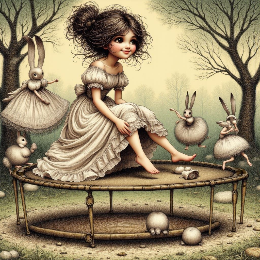 Whimsical Storybook Girl with Rabbits on Trampoline