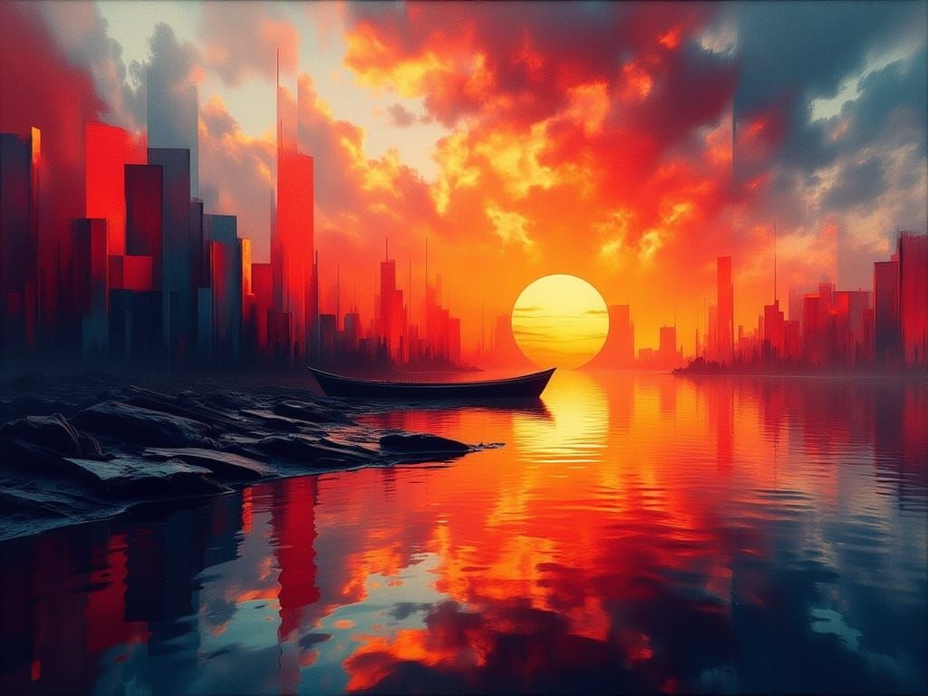 Cubist Sunset Serenity: Geometric Art Deco Painting