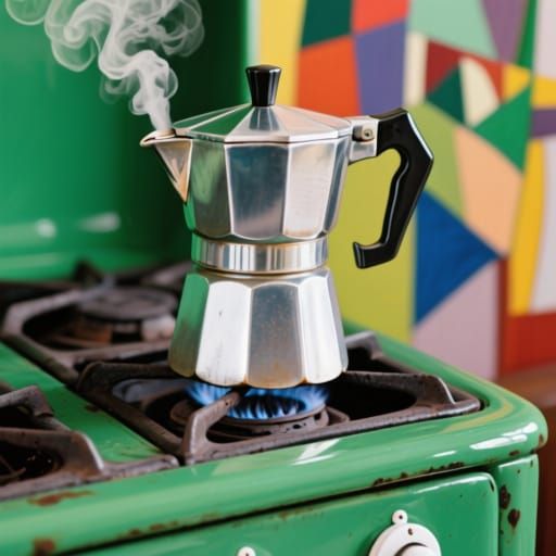 Cubist Moka Pot Steaming on Vintage Stove