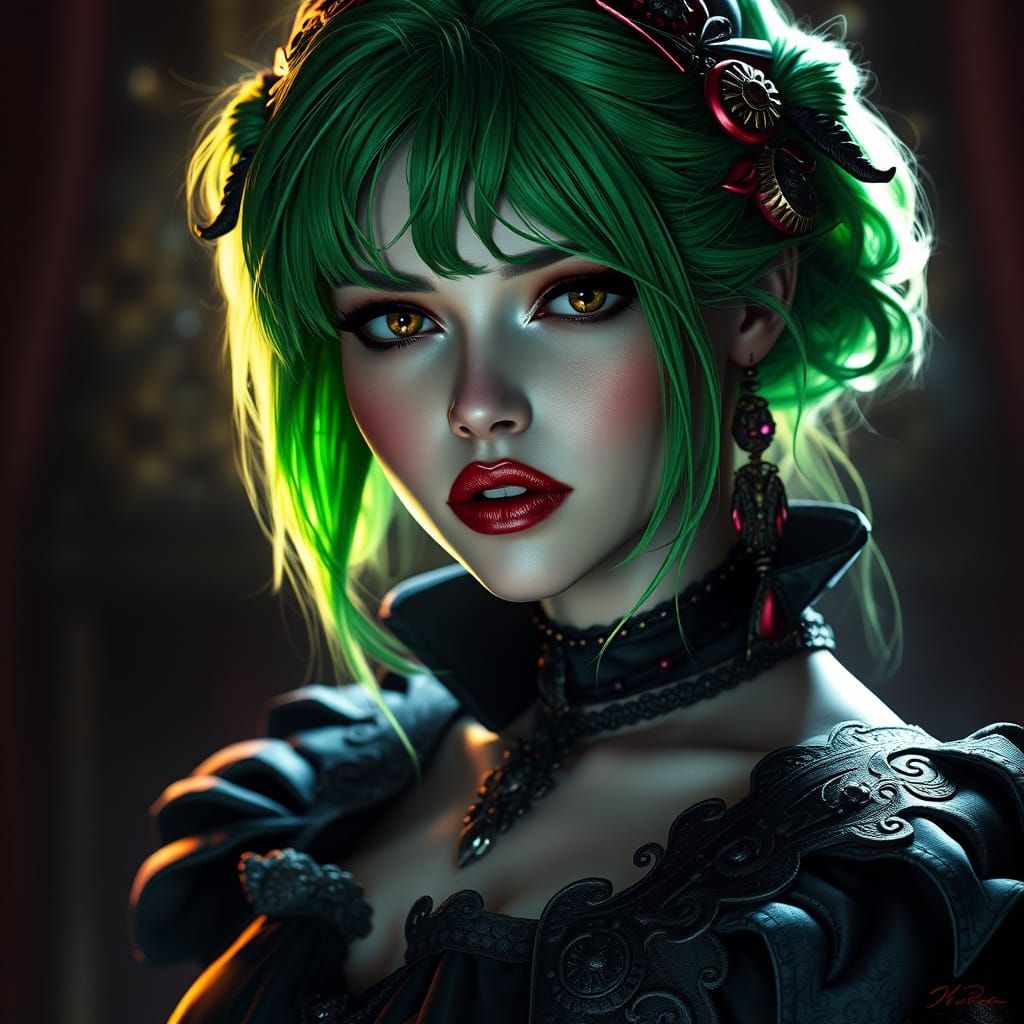 Vampire Goddess with Green Hair and Intricate Patterns