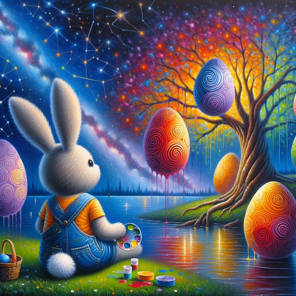 Dreamlike Easter Bunny Painting with Colorful Eggs