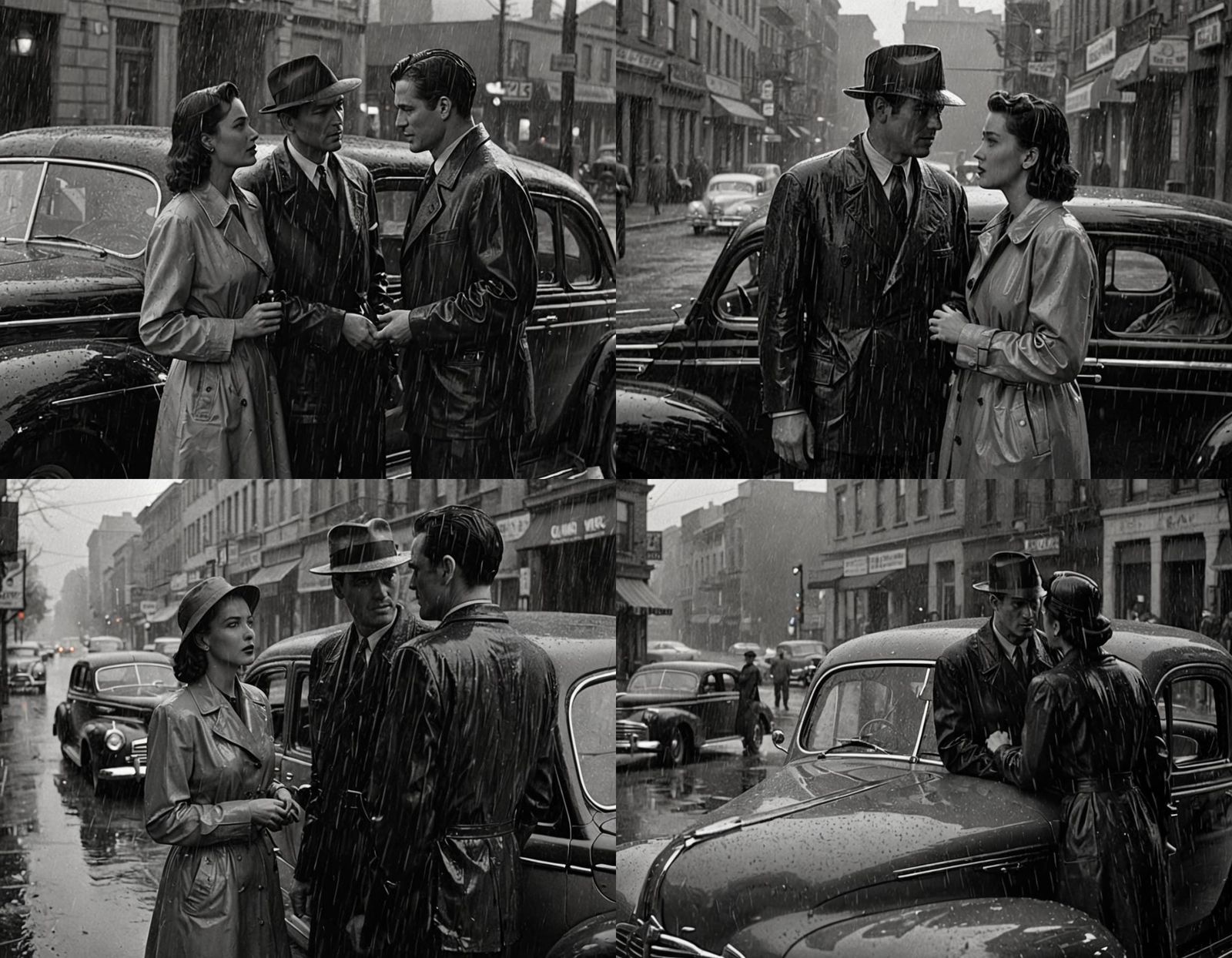 Dramatic Film Noir Scene with Couple in Rain