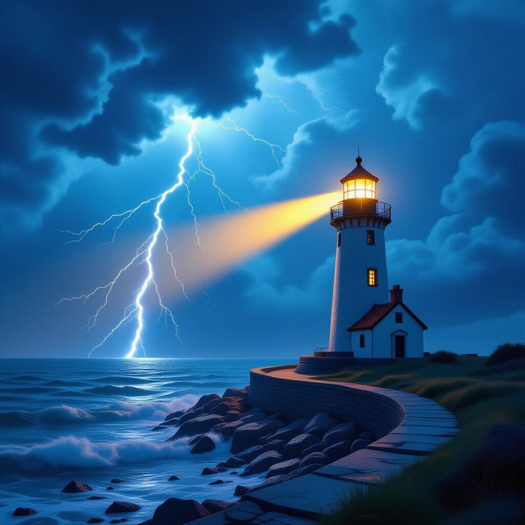 Lighthouse Amidst Storm in Surreal 3D Scene