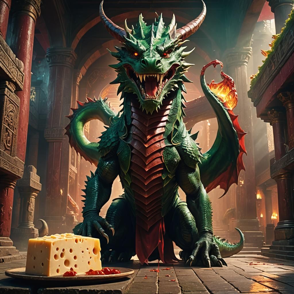 Dragon Contemplates Cheese Loaf in Dark Fantasy Style