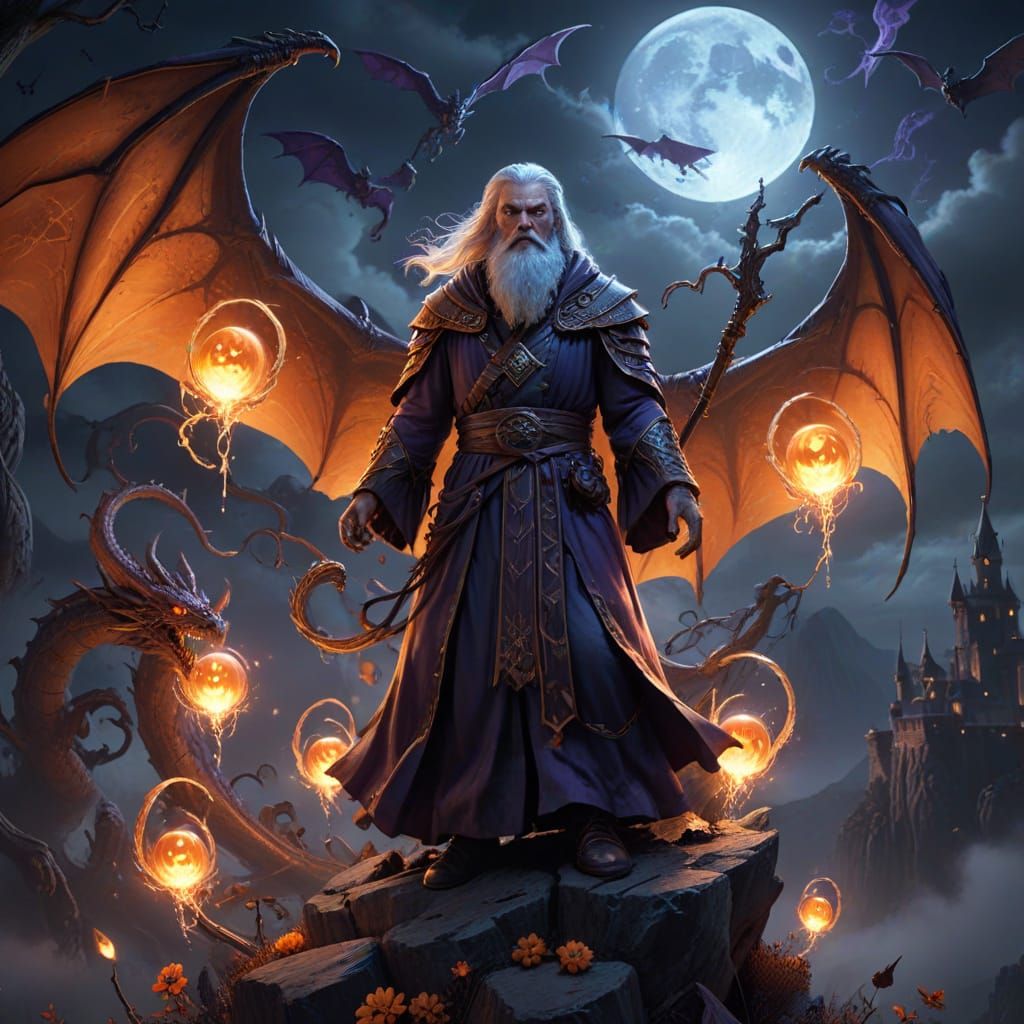 Wise Wizard on Moonlit Peak with Dragons and Magic Webs