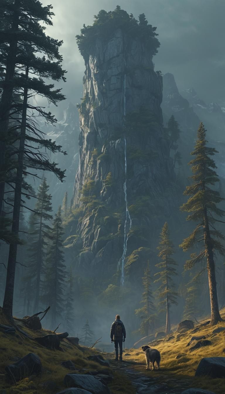 Misty Mountain Landscape with Dog, Digital Matte Painting