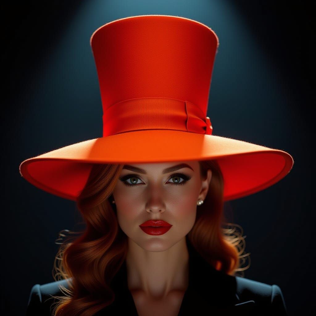 Woman in Tall Orange Hat Blocking View in Film Noir Style