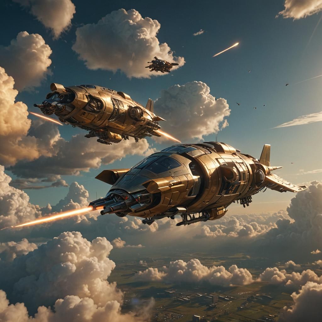 Cows Flying a Spaceship in Fantastical Painting