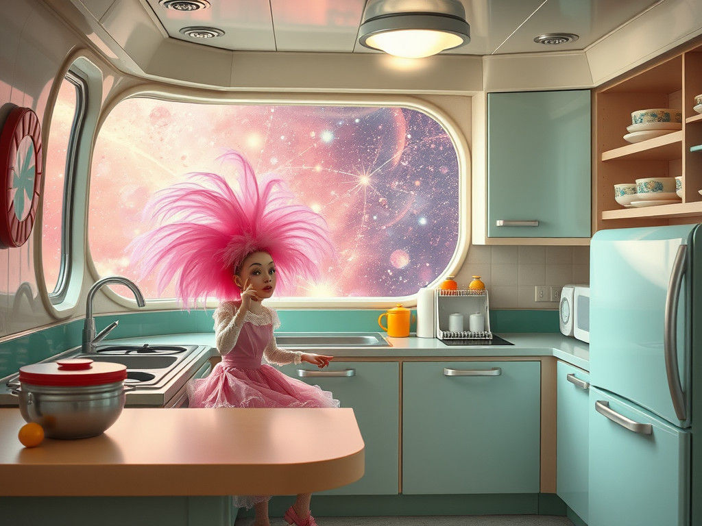 Retrofuturistic Space Kitchen with Featherish Crones