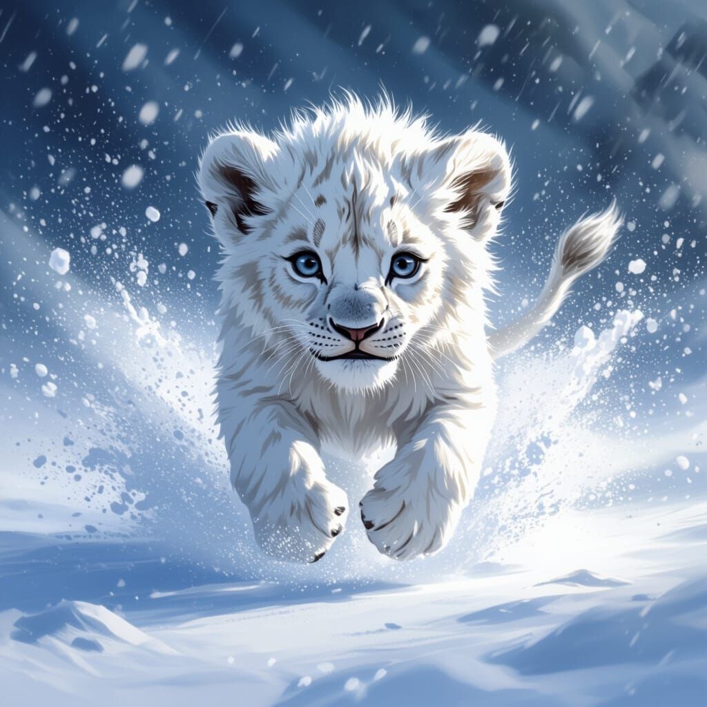 White Lion Cub Running Through Snowy Landscape